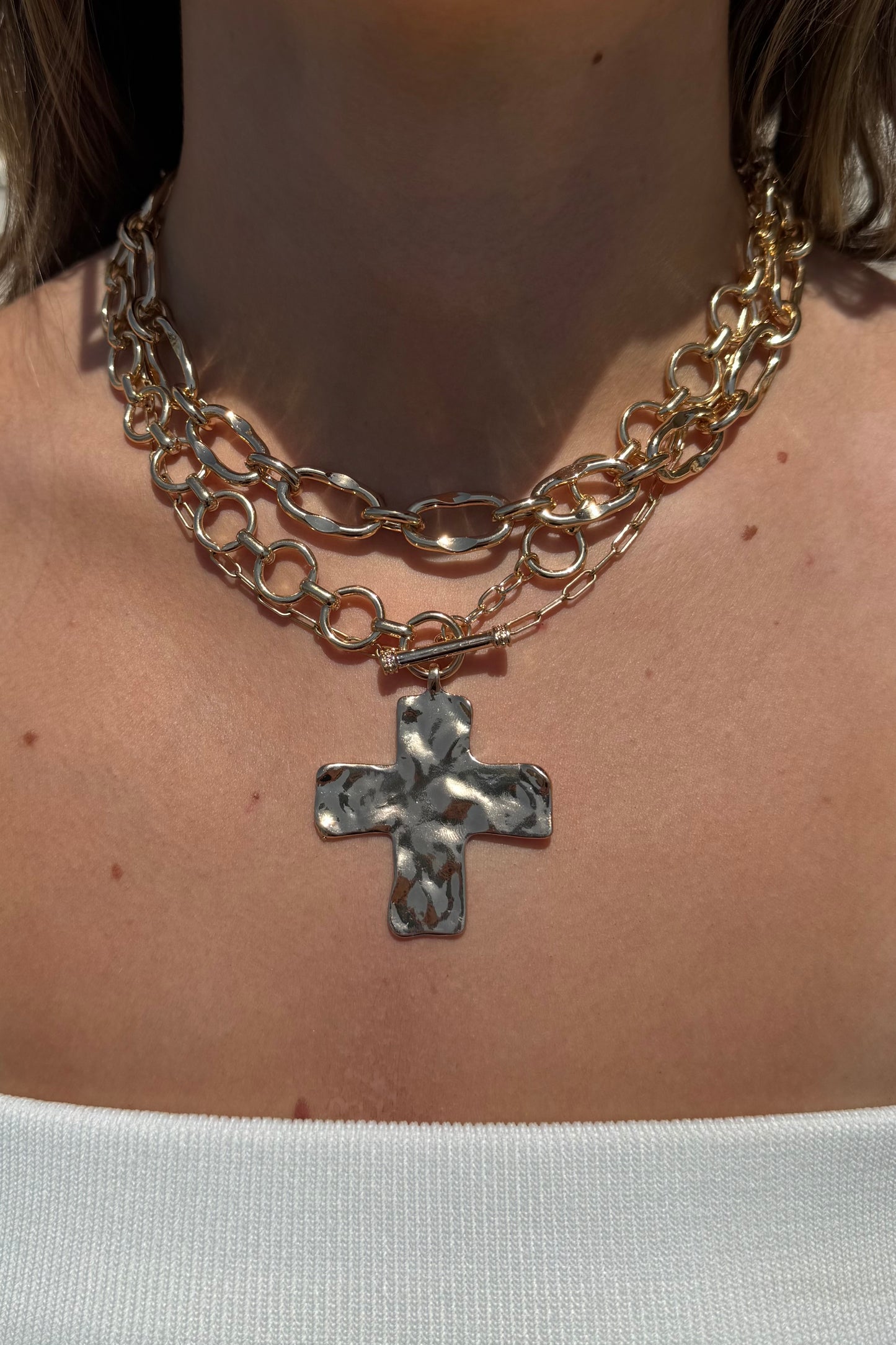 Hammered Cross Toggle Necklace